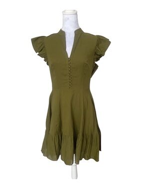 NWT Trina TurkVignolq dress Olive Green Ruffle Sleeve Tiered Mini Dress size 8